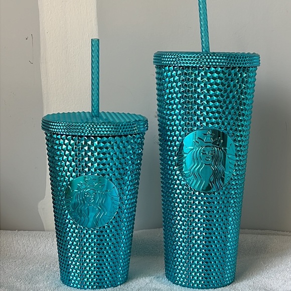 NEW SET Starbucks Summer 2023 Blue Splash Chrome Bling Studded Tumblers